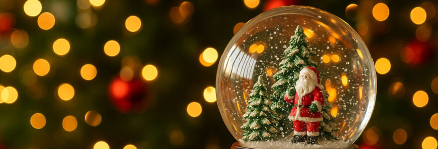 photo d’une boule à neige de Noël avec Père Noël et sapins