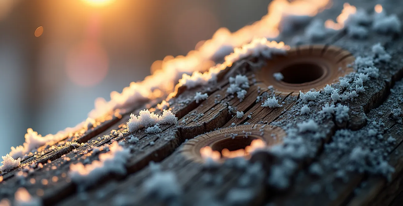 Détail macro de la texture du bois d'un chalet avec jeu de lumière dorée