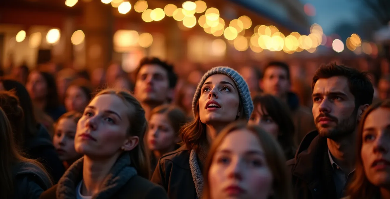 Groupe de spectateurs captivés regardant une animation de rue avec expressions émerveillées