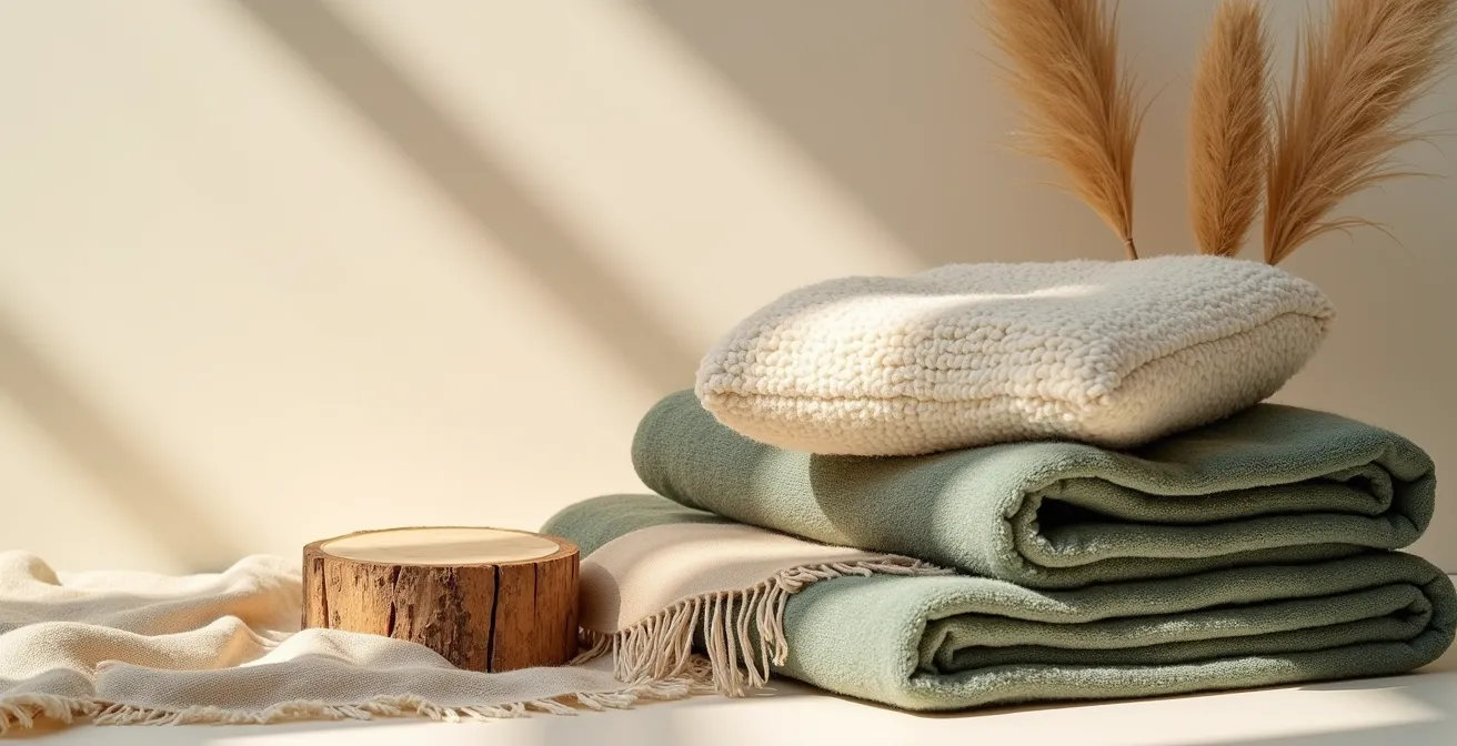 Composition de textures naturelles : velours bouclé, laine, bois brut