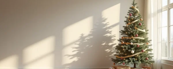 Sapin de Noël en aluminium brillant avec décoration minimaliste chaleureuse