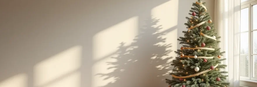 Sapin de Noël en aluminium brillant avec décoration minimaliste chaleureuse