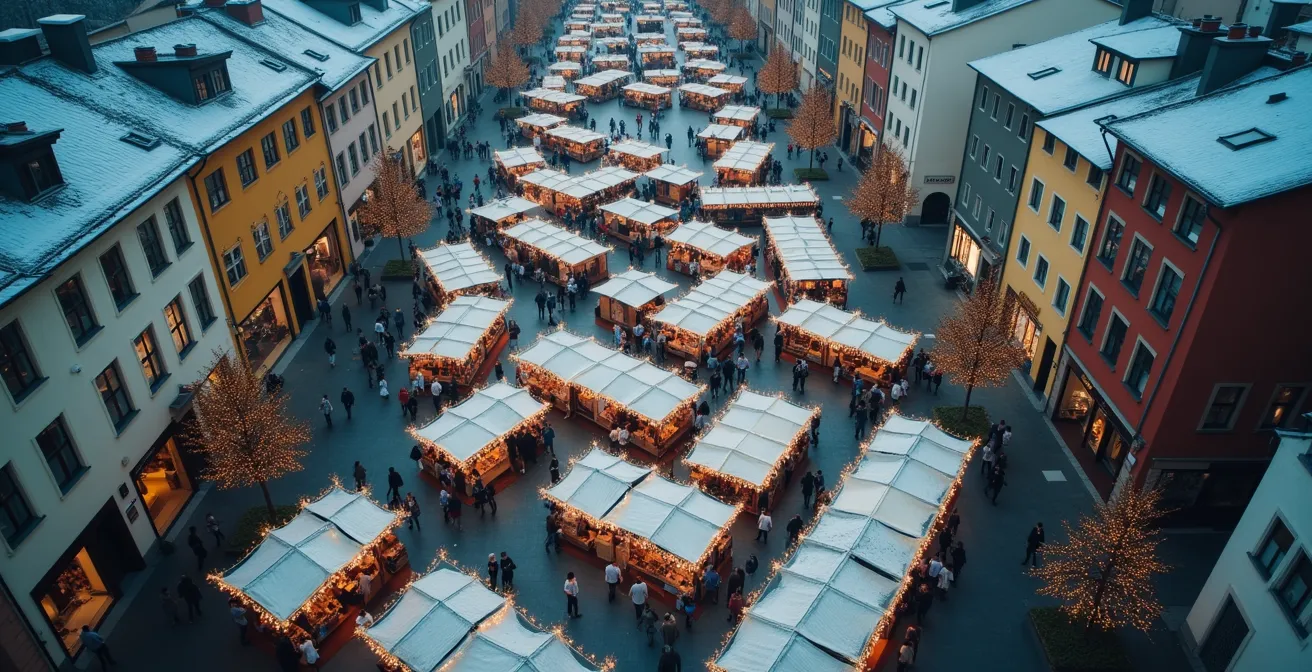 Vue plongeante d'un marché de Noël montrant l'organisation spatiale et les flux de circulation