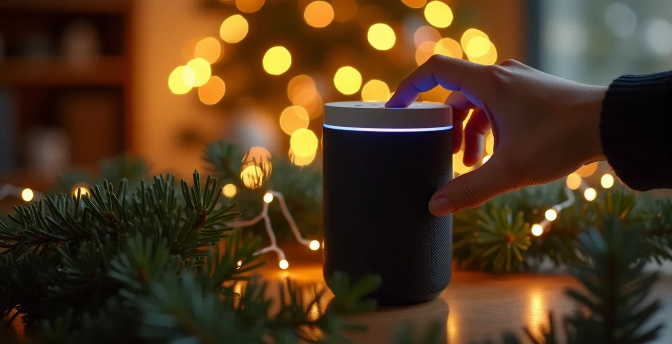 Main positionnant une enceinte connectée élégante dans un environnement décoré pour les fêtes