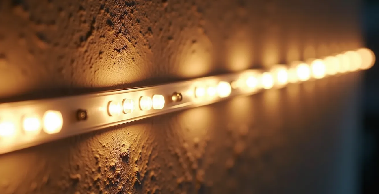 Vue macro de strips LED créant des jeux de lumière sur un mur texturé
