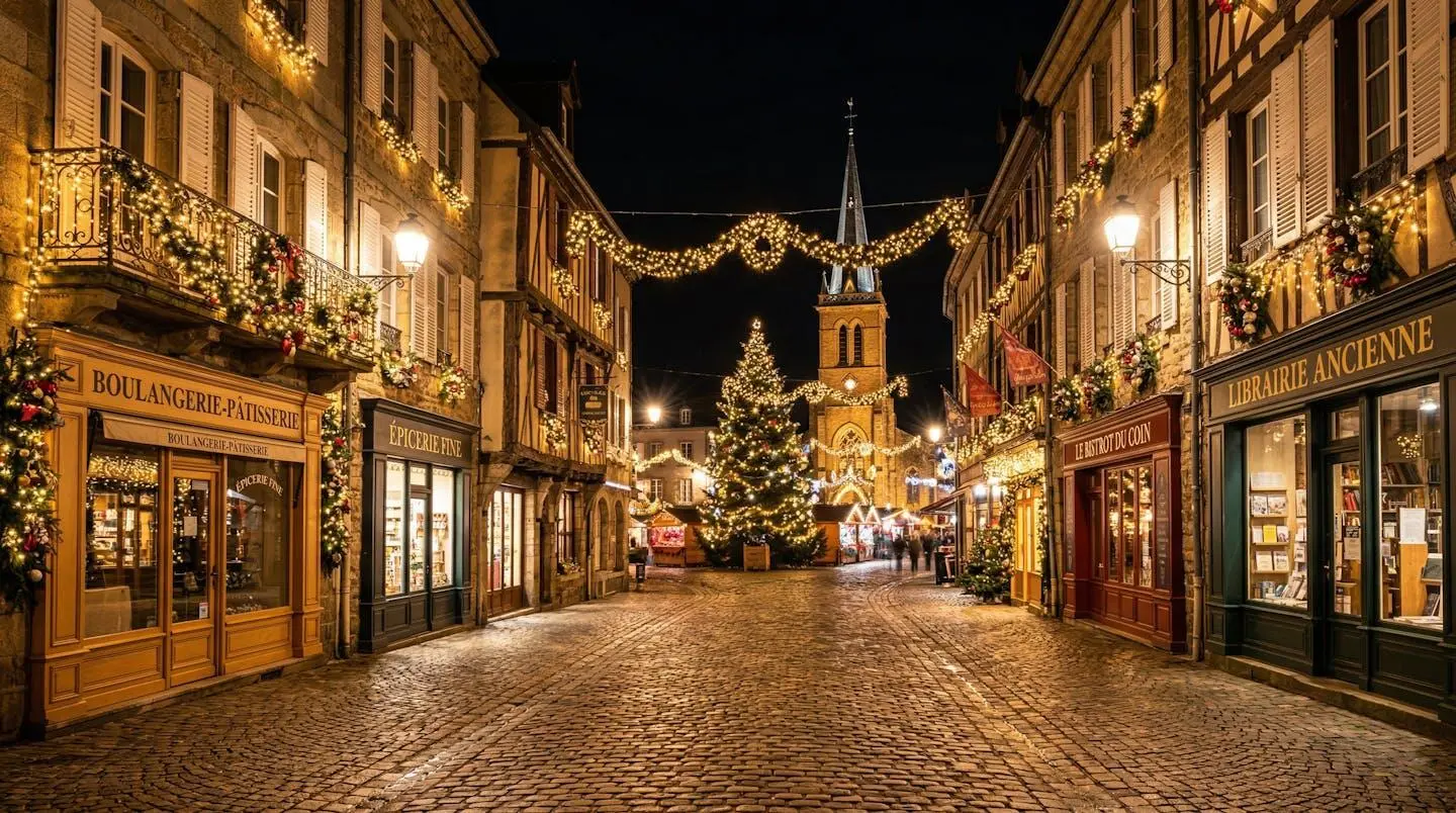 Rue piétonne de centre-ville français décorée de guirlandes lumineuses et illuminations de Noël, vitrines de commerces éclairées, sans présence humaine au premier plan