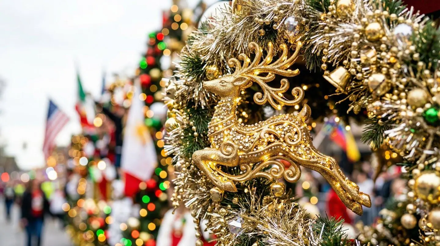 Gros plan sur une boule de Noël dorée accrochée à une guirlande lumineuse scintillante, avec un bokeh flou en arrière-plan créant une ambiance féérique