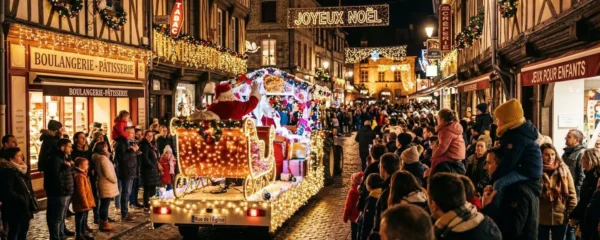 Char de Noël illuminé défilant dans une rue piétonne décorée, avec des familles observant le spectacle de dos dans une ambiance festive nocturne