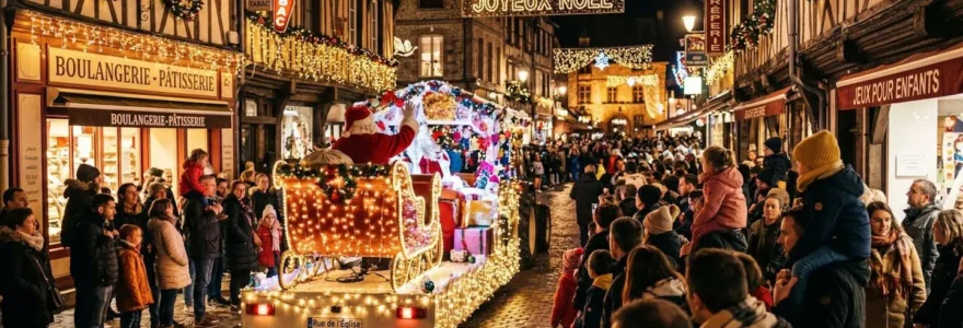 Char de Noël illuminé défilant dans une rue piétonne décorée, avec des familles observant le spectacle de dos dans une ambiance festive nocturne